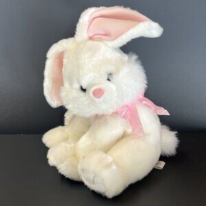 SKM White Plush Sitting Easter Bunny Floppy Rabbit Stuffed Animal Pink Ears Bow